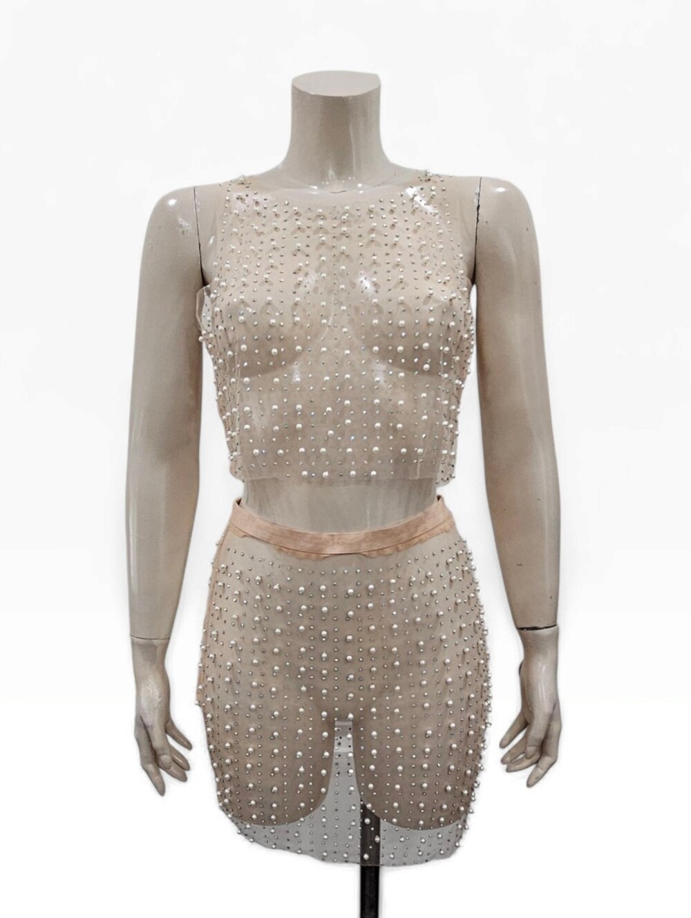 Nwt BEACH BUNNY Nude Glitzy Girl Sheer Mesh Pearl Top & Skirt Swim Coverup Set M